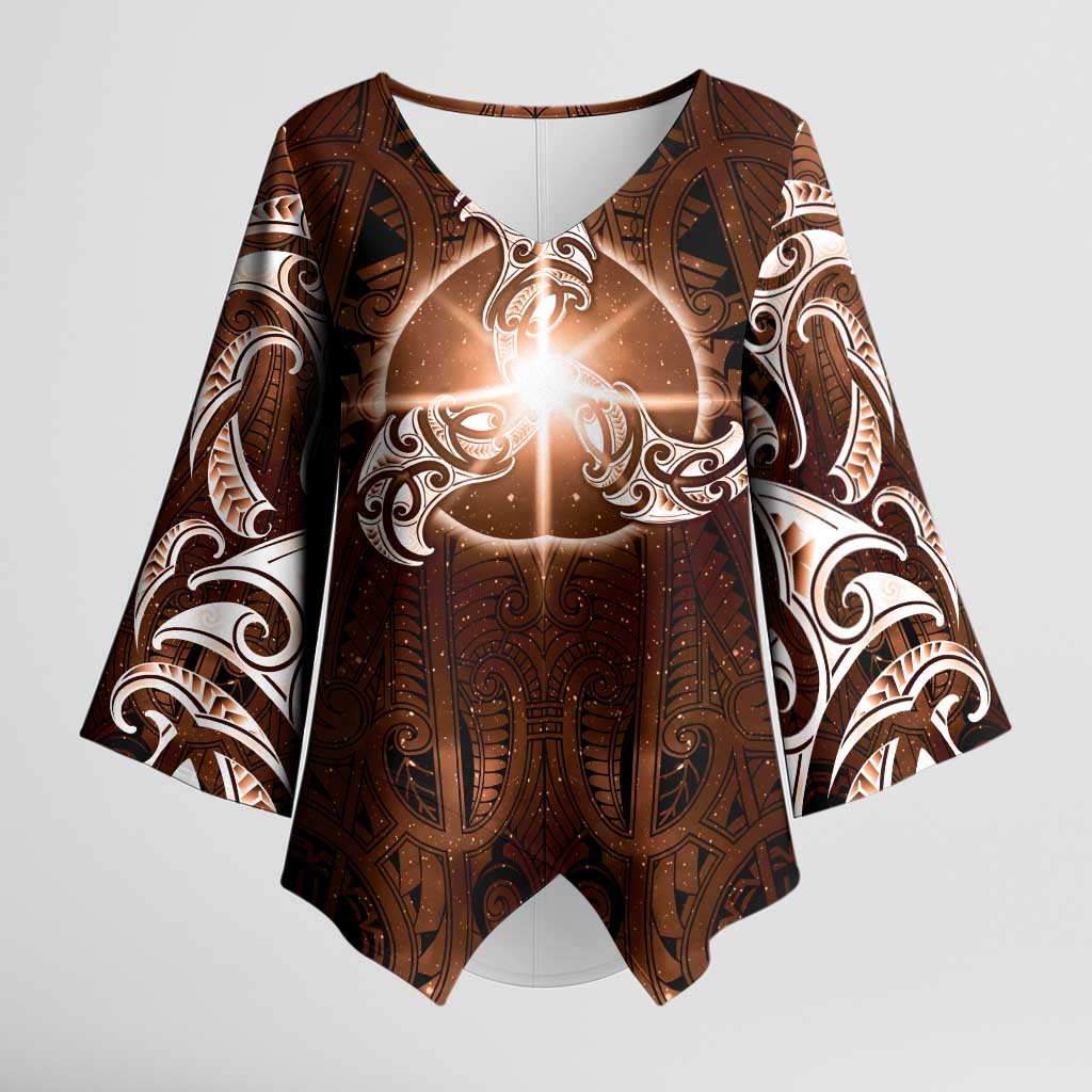 New Zealand Matariki Tupuanuku Kimono Sleeve Blouse Maori Moko Brown Galaxy LT05 Female Brown - Polynesian Pride