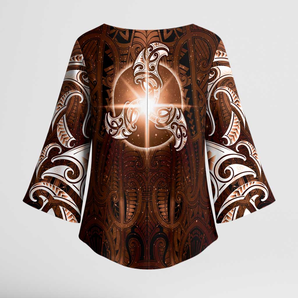 New Zealand Matariki Tupuanuku Kimono Sleeve Blouse Maori Moko Brown Galaxy LT05 - Polynesian Pride
