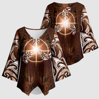 New Zealand Matariki Tupuanuku Kimono Sleeve Blouse Maori Moko Brown Galaxy LT05 - Polynesian Pride