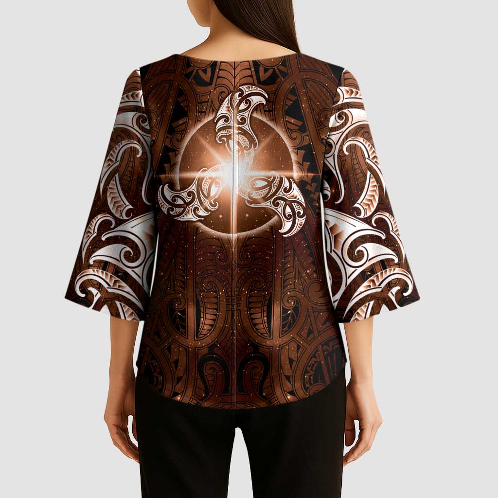 New Zealand Matariki Tupuanuku Kimono Sleeve Blouse Maori Moko Brown Galaxy LT05 - Polynesian Pride