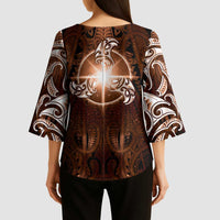 New Zealand Matariki Tupuanuku Kimono Sleeve Blouse Maori Moko Brown Galaxy LT05 - Polynesian Pride