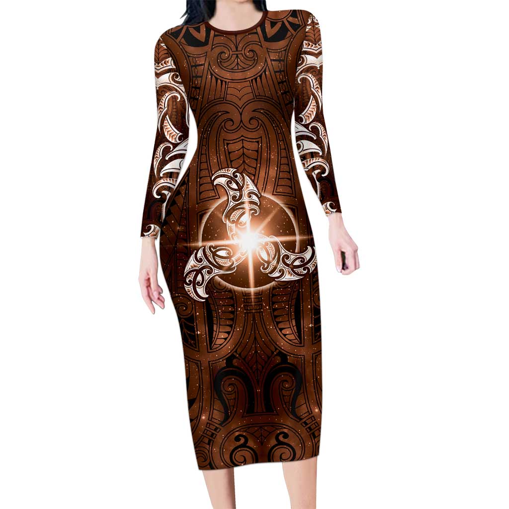 New Zealand Matariki Tupuanuku Long Sleeve Bodycon Dress Maori Moko Brown Galaxy LT05 Long Dress Brown - Polynesian Pride
