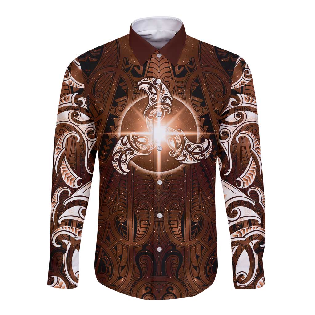New Zealand Matariki Tupuanuku Long Sleeve Button Shirt Maori Moko Brown Galaxy