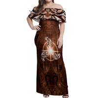 New Zealand Matariki Tupuanuku Off Shoulder Maxi Dress Maori Moko Brown Galaxy LT05 Women Brown - Polynesian Pride