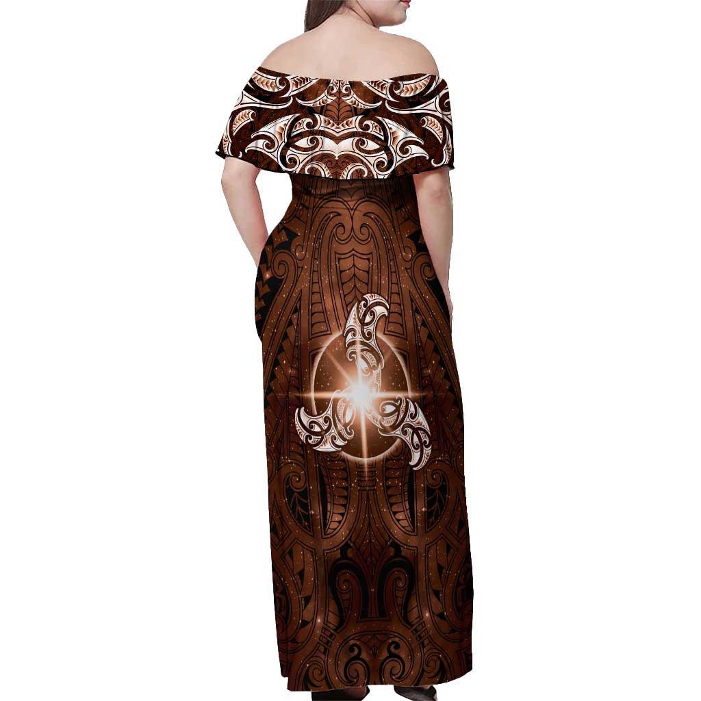 New Zealand Matariki Tupuanuku Off Shoulder Maxi Dress Maori Moko Brown Galaxy LT05 - Polynesian Pride