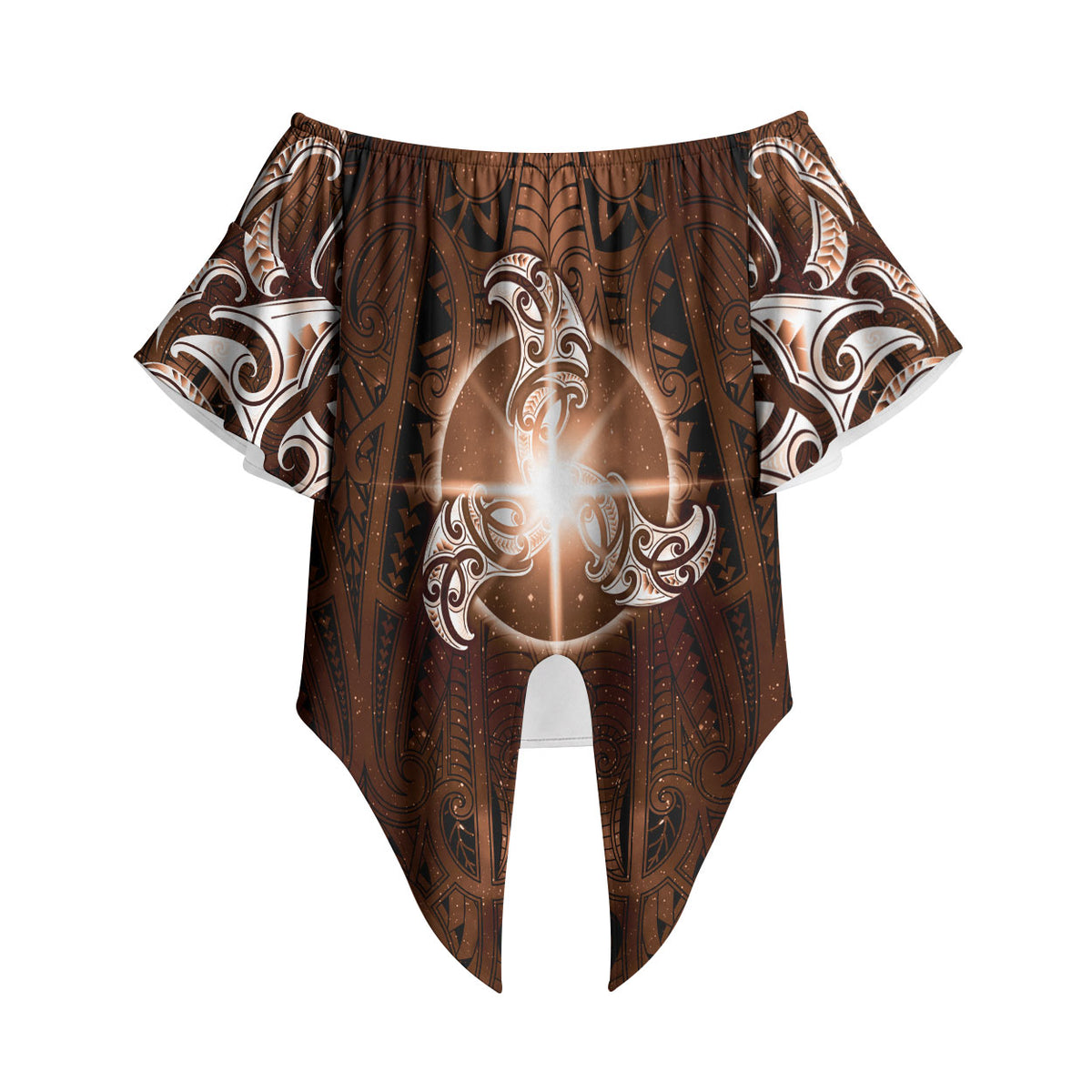 New Zealand Matariki Tupuanuku Off Shoulder Wrap Waist Top Maori Moko Brown Galaxy LT05 Brown - Polynesian Pride