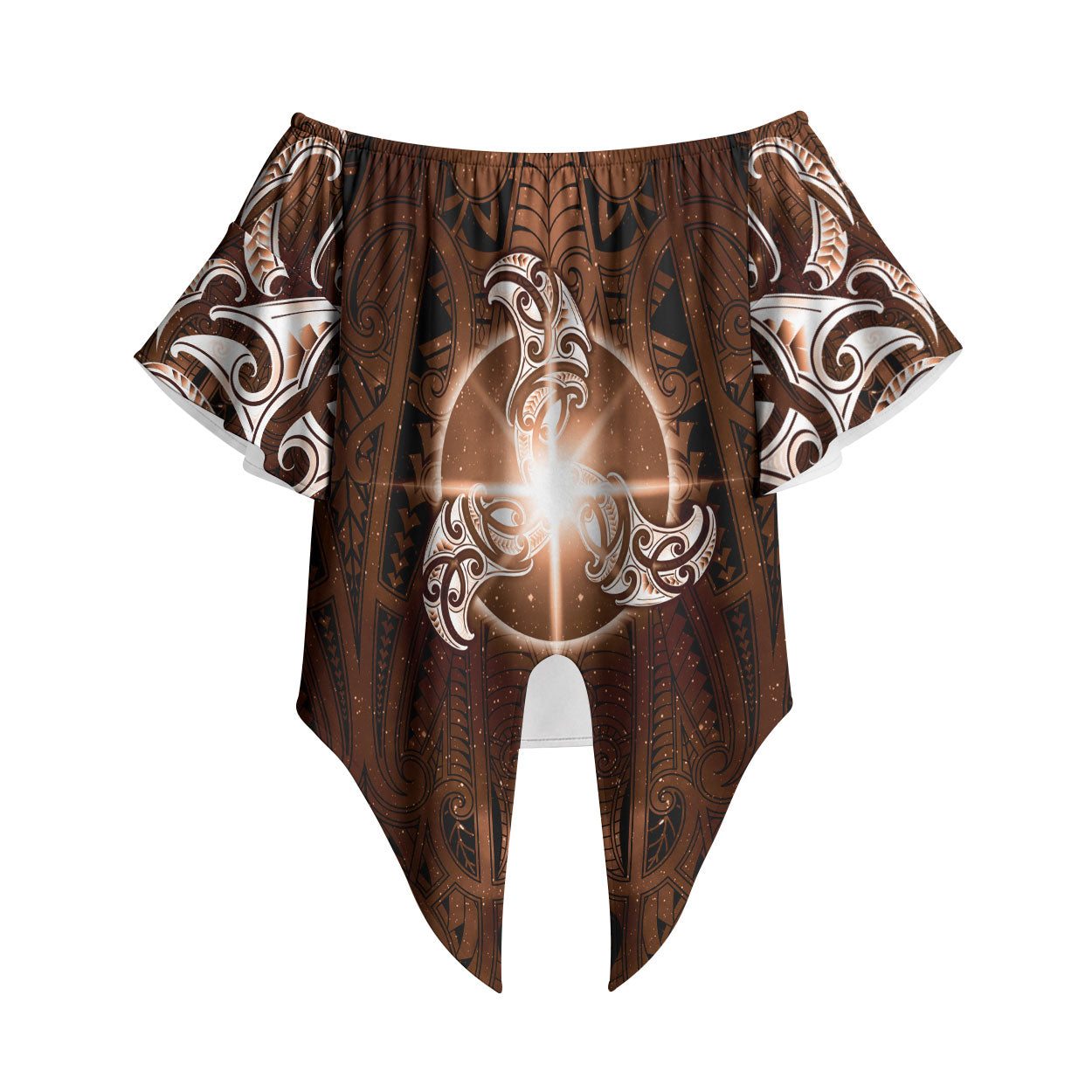 New Zealand Matariki Tupuanuku Off Shoulder Wrap Waist Top Maori Moko Brown Galaxy LT05 Brown - Polynesian Pride