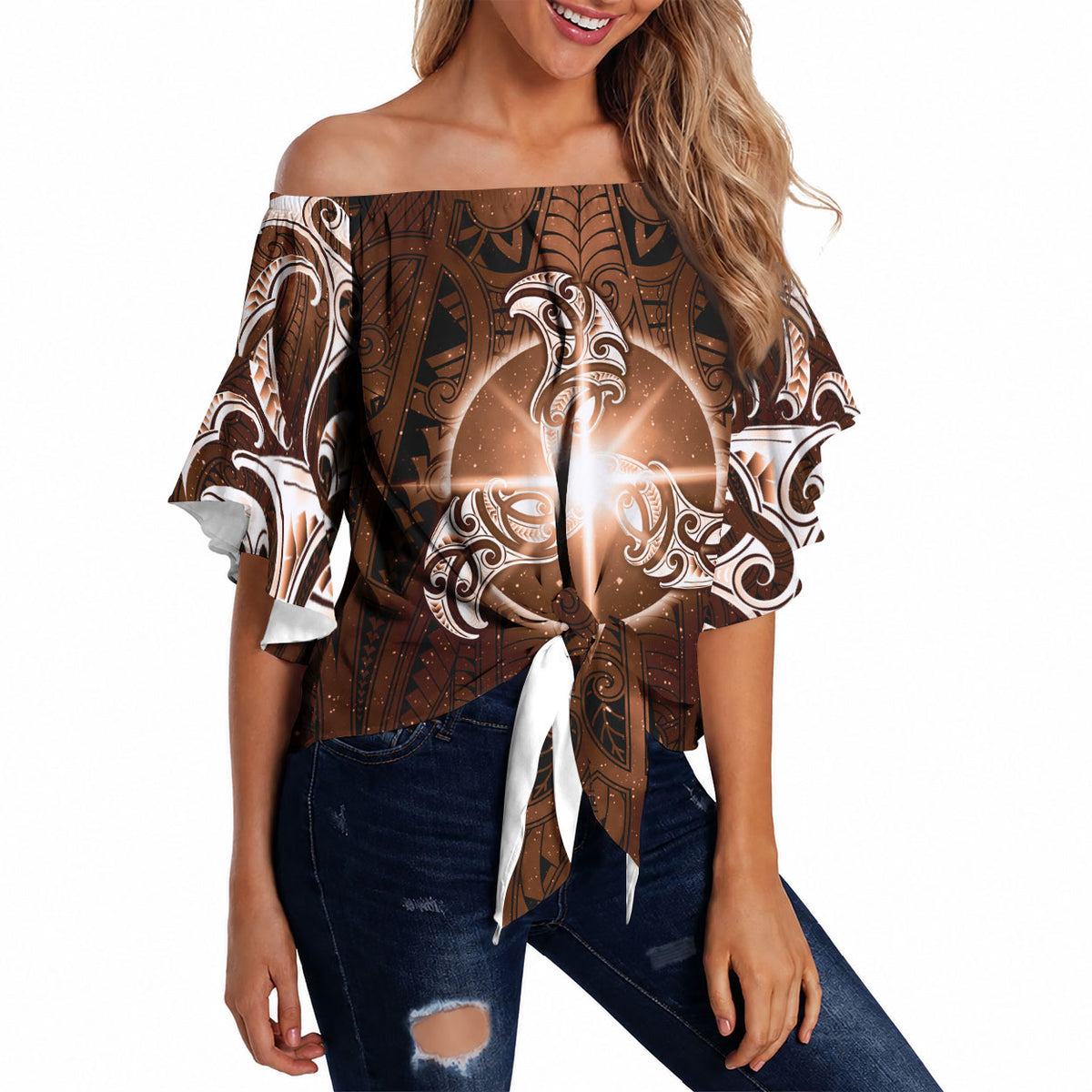 New Zealand Matariki Tupuanuku Off Shoulder Wrap Waist Top Maori Moko Brown Galaxy LT05 - Polynesian Pride