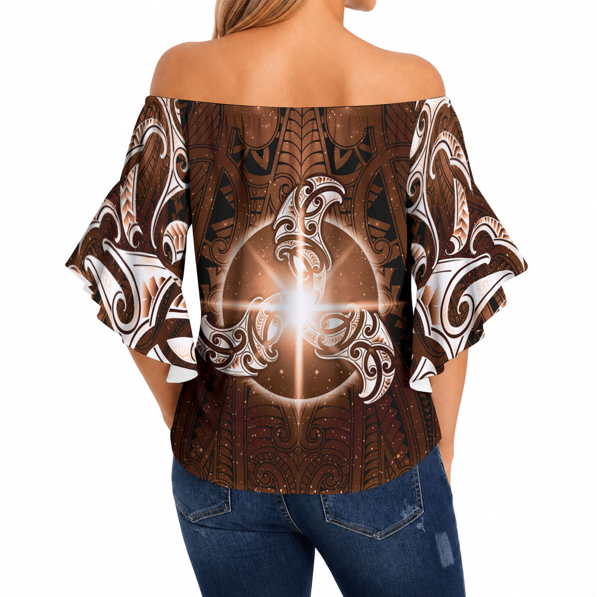 New Zealand Matariki Tupuanuku Off Shoulder Wrap Waist Top Maori Moko Brown Galaxy LT05 - Polynesian Pride
