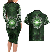 New Zealand Matariki Tupuarangi Couples Matching Long Sleeve Bodycon Dress and Hawaiian Shirt Maori Moko Green Galaxy LT05 - Polynesian Pride