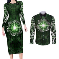 New Zealand Matariki Tupuarangi Couples Matching Long Sleeve Bodycon Dress and Long Sleeve Button Shirt Maori Moko Green Galaxy LT05 Green - Polynesian Pride