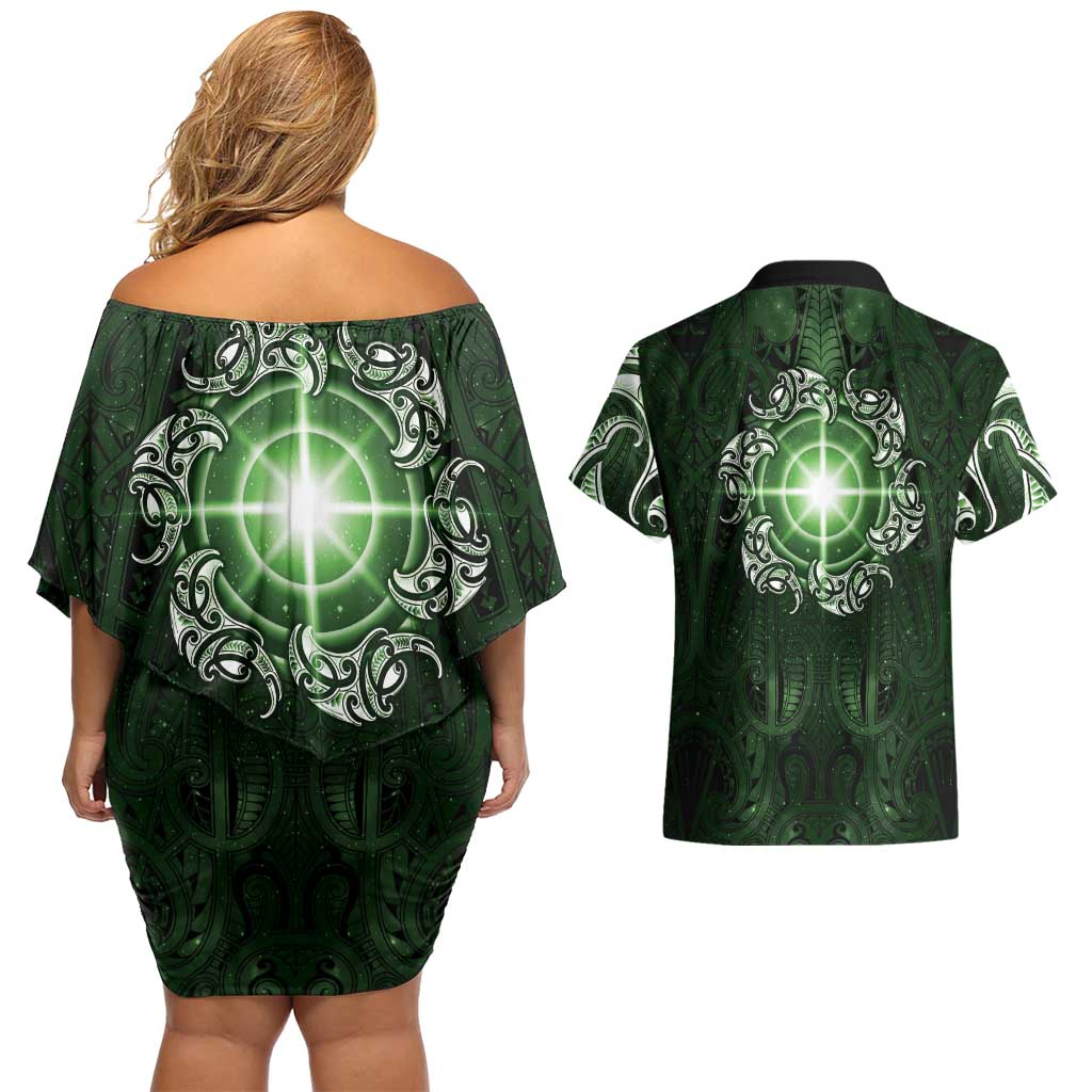 New Zealand Matariki Tupuarangi Couples Matching Off Shoulder Short Dress and Hawaiian Shirt Maori Moko Green Galaxy LT05 - Polynesian Pride