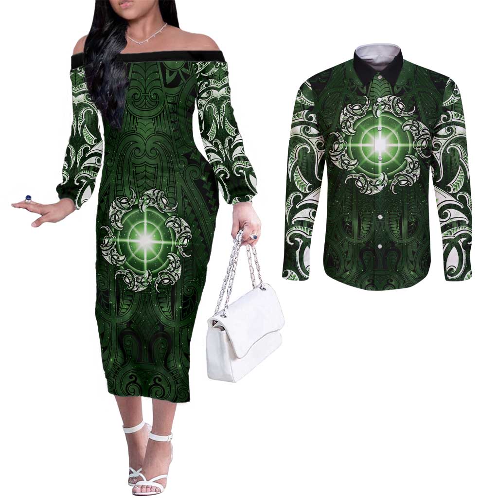 New Zealand Matariki Tupuarangi Couples Matching Off The Shoulder Long Sleeve Dress and Long Sleeve Button Shirt Maori Moko Green Galaxy LT05 Green - Polynesian Pride