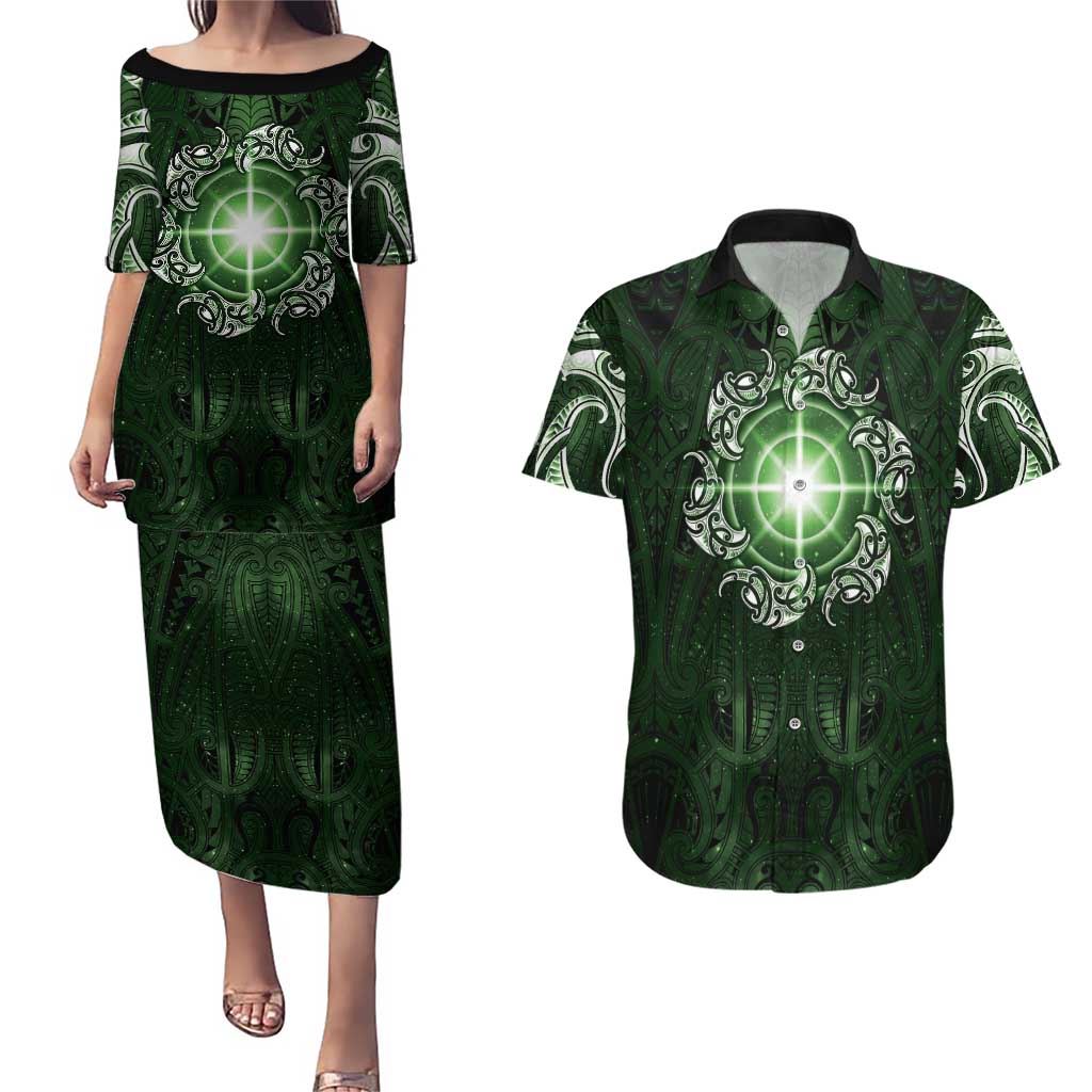 New Zealand Matariki Tupuarangi Couples Matching Puletasi and Hawaiian Shirt Maori Moko Green Galaxy LT05 Green - Polynesian Pride