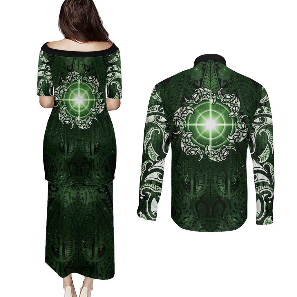 New Zealand Matariki Tupuarangi Couples Matching Puletasi and Long Sleeve Button Shirt Maori Moko Green Galaxy LT05 - Polynesian Pride