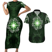 New Zealand Matariki Tupuarangi Couples Matching Short Sleeve Bodycon Dress and Hawaiian Shirt Maori Moko Green Galaxy LT05 Green - Polynesian Pride