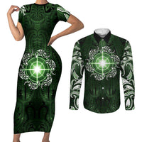 New Zealand Matariki Tupuarangi Couples Matching Short Sleeve Bodycon Dress and Long Sleeve Button Shirt Maori Moko Green Galaxy LT05 Green - Polynesian Pride
