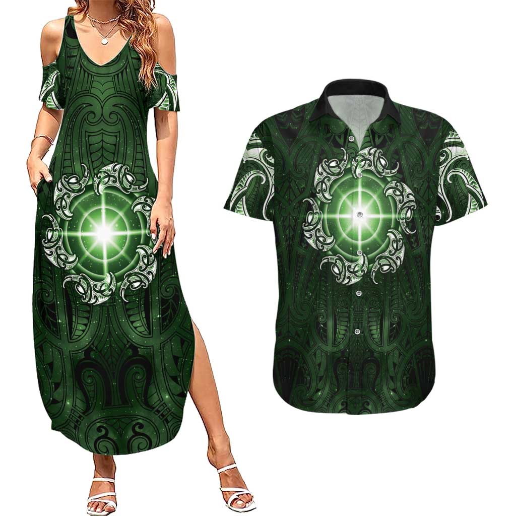 New Zealand Matariki Tupuarangi Couples Matching Summer Maxi Dress and Hawaiian Shirt Maori Moko Green Galaxy LT05 Green - Polynesian Pride