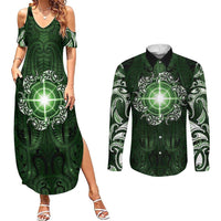 New Zealand Matariki Tupuarangi Couples Matching Summer Maxi Dress and Long Sleeve Button Shirt Maori Moko Green Galaxy LT05 Green - Polynesian Pride