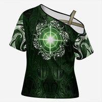 New Zealand Matariki Tupuarangi Cross Shoulder Shirt Maori Moko Green Galaxy LT05 Female Green - Polynesian Pride
