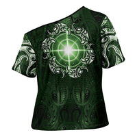 New Zealand Matariki Tupuarangi Cross Shoulder Shirt Maori Moko Green Galaxy LT05 - Polynesian Pride