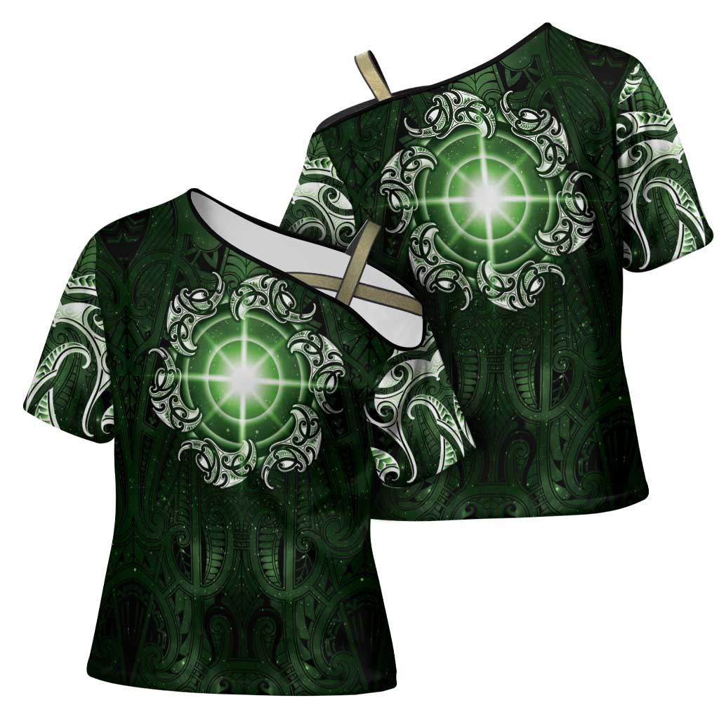 New Zealand Matariki Tupuarangi Cross Shoulder Shirt Maori Moko Green Galaxy LT05 - Polynesian Pride