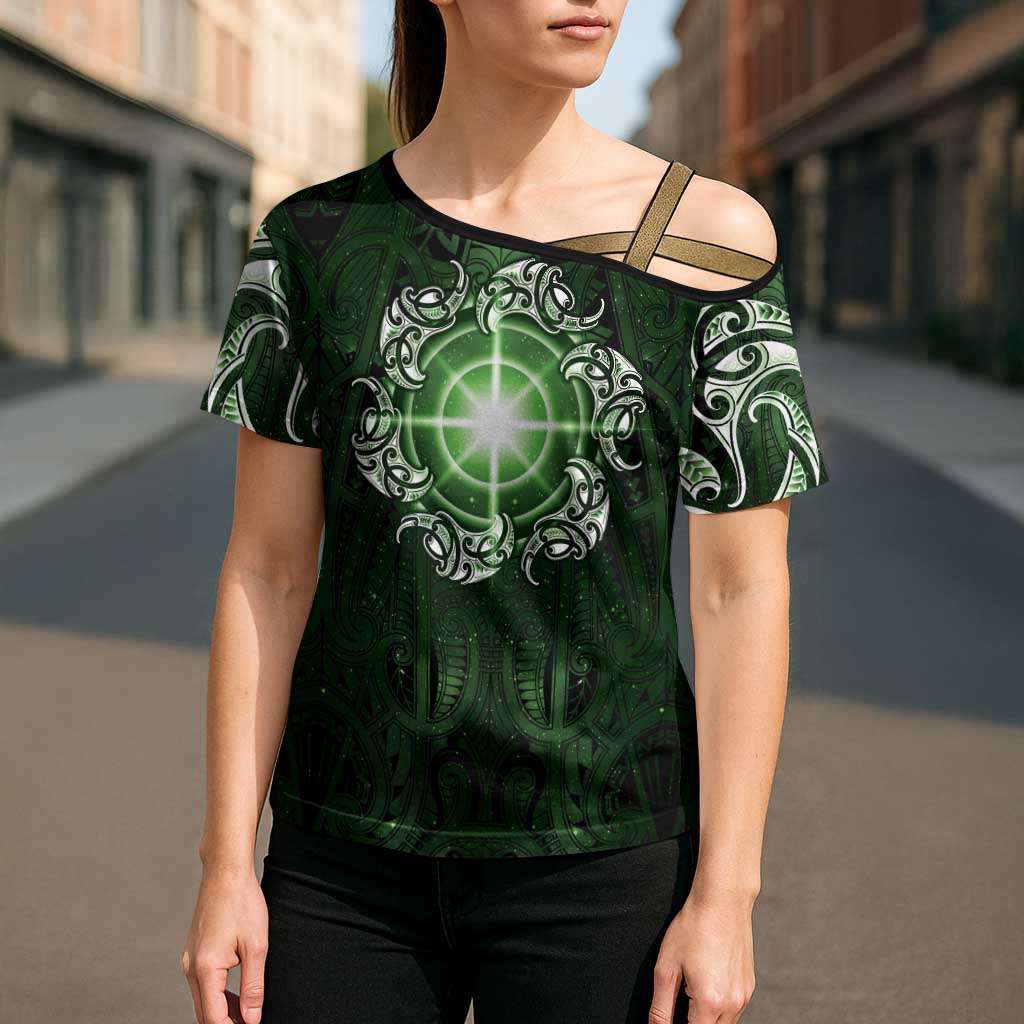 New Zealand Matariki Tupuarangi Cross Shoulder Shirt Maori Moko Green Galaxy LT05 - Polynesian Pride