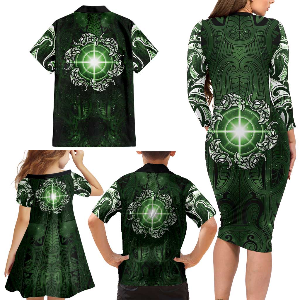 New Zealand Matariki Tupuarangi Family Matching Long Sleeve Bodycon Dress and Hawaiian Shirt Maori Moko Green Galaxy LT05 - Polynesian Pride