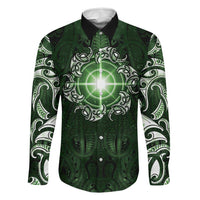New Zealand Matariki Tupuarangi Family Matching Long Sleeve Bodycon Dress and Hawaiian Shirt Maori Moko Green Galaxy LT05 Dad's Shirt - Long Sleeve Green - Polynesian Pride