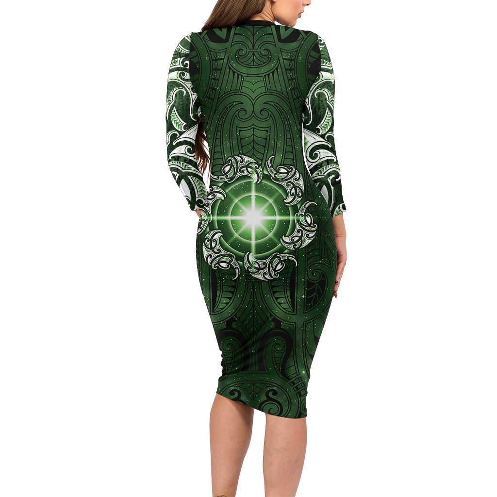 New Zealand Matariki Tupuarangi Family Matching Long Sleeve Bodycon Dress and Hawaiian Shirt Maori Moko Green Galaxy LT05 - Polynesian Pride