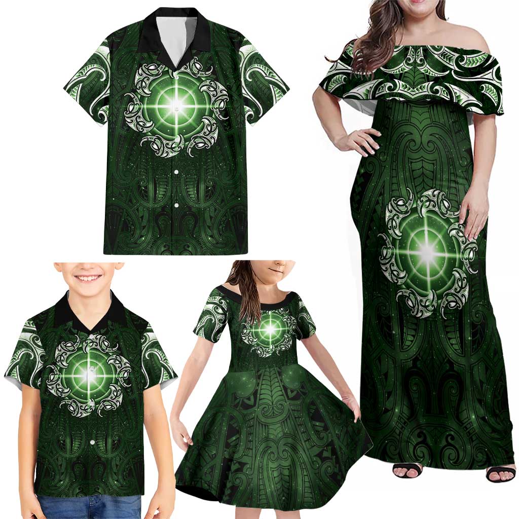 New Zealand Matariki Tupuarangi Family Matching Off Shoulder Maxi Dress and Hawaiian Shirt Maori Moko Green Galaxy LT05 - Polynesian Pride