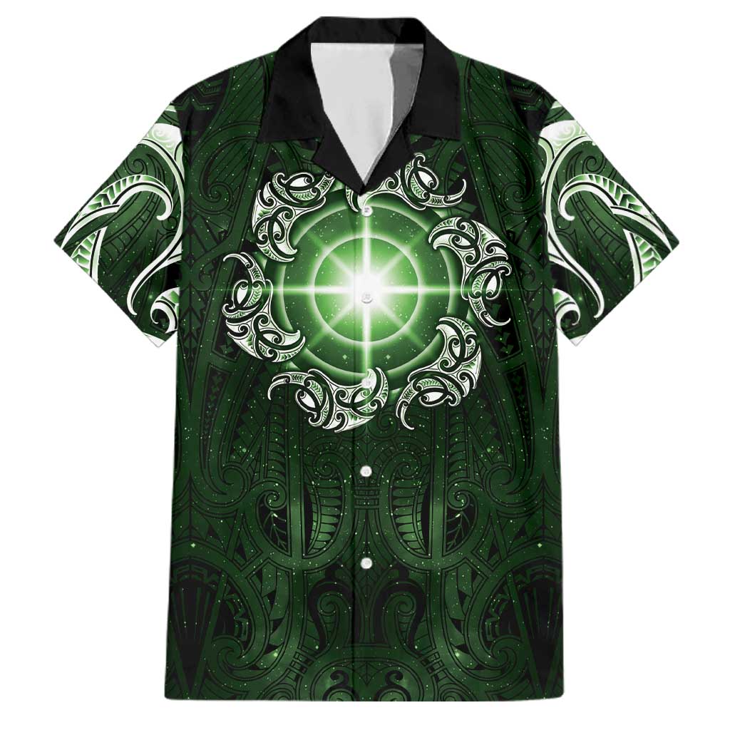 New Zealand Matariki Tupuarangi Family Matching Off Shoulder Maxi Dress and Hawaiian Shirt Maori Moko Green Galaxy LT05 Dad's Shirt - Short Sleeve Green - Polynesian Pride
