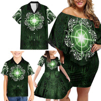 New Zealand Matariki Tupuarangi Family Matching Off Shoulder Short Dress and Hawaiian Shirt Maori Moko Green Galaxy LT05 - Polynesian Pride