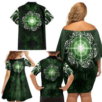 New Zealand Matariki Tupuarangi Family Matching Off Shoulder Short Dress and Hawaiian Shirt Maori Moko Green Galaxy LT05 - Polynesian Pride