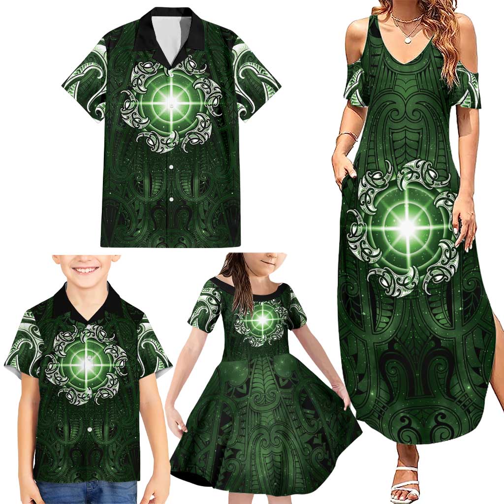 New Zealand Matariki Tupuarangi Family Matching Summer Maxi Dress and Hawaiian Shirt Maori Moko Green Galaxy LT05 - Polynesian Pride