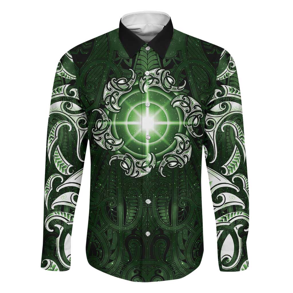 New Zealand Matariki Tupuarangi Family Matching Summer Maxi Dress and Hawaiian Shirt Maori Moko Green Galaxy LT05 Dad's Shirt - Long Sleeve Green - Polynesian Pride