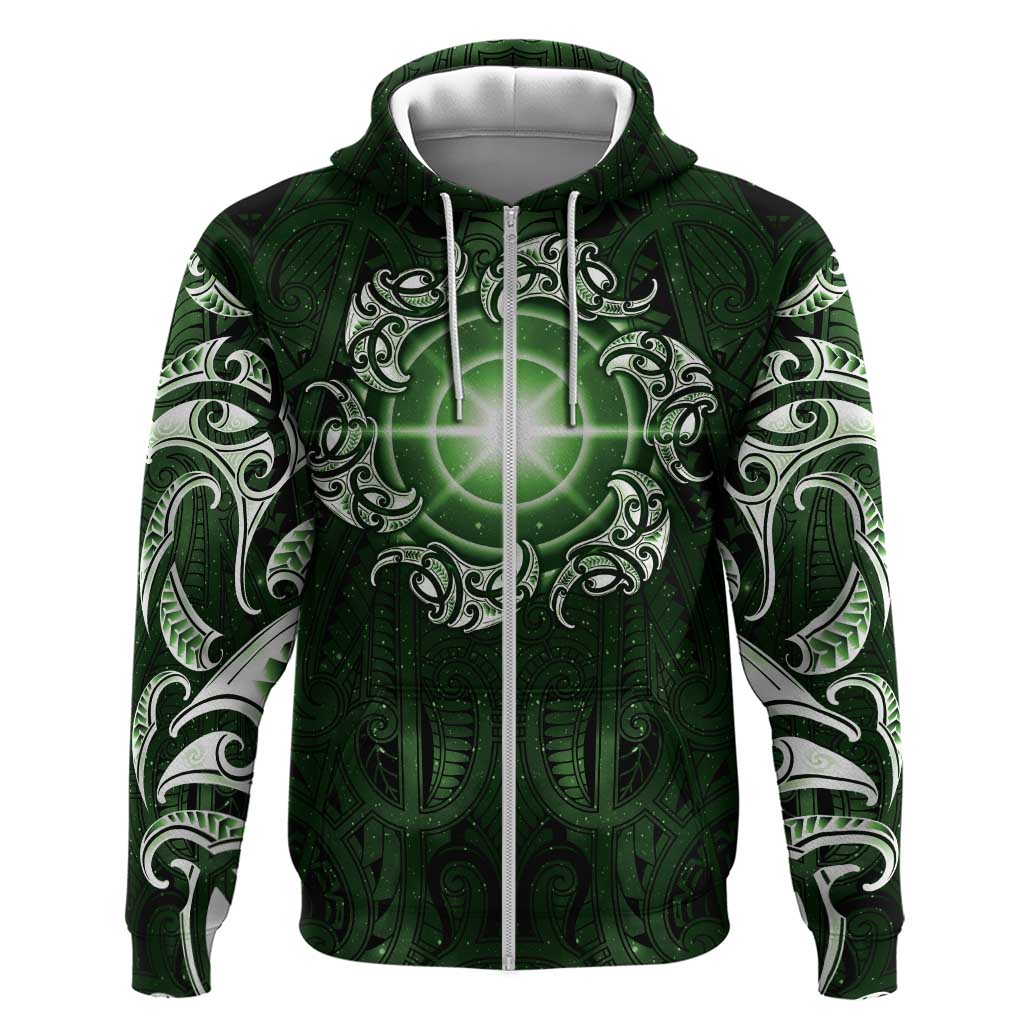 New Zealand Matariki Tupuarangi Hoodie Maori Moko Green Galaxy LT05 Zip Hoodie Green - Polynesian Pride