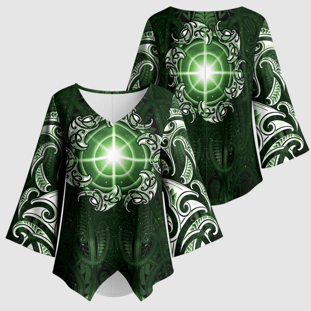 New Zealand Matariki Tupuarangi Kimono Sleeve Blouse Maori Moko Green Galaxy LT05 - Polynesian Pride