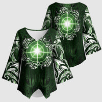 New Zealand Matariki Tupuarangi Kimono Sleeve Blouse Maori Moko Green Galaxy LT05 - Polynesian Pride