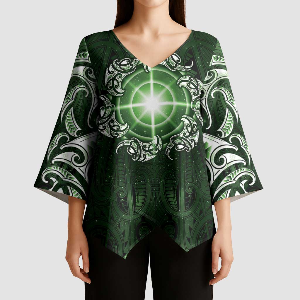 New Zealand Matariki Tupuarangi Kimono Sleeve Blouse Maori Moko Green Galaxy LT05 - Polynesian Pride