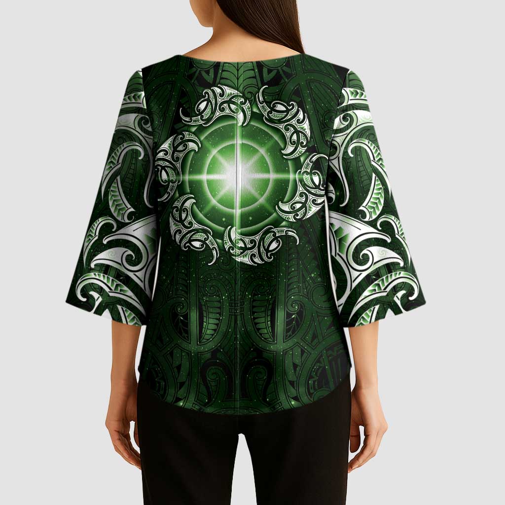 New Zealand Matariki Tupuarangi Kimono Sleeve Blouse Maori Moko Green Galaxy LT05 - Polynesian Pride