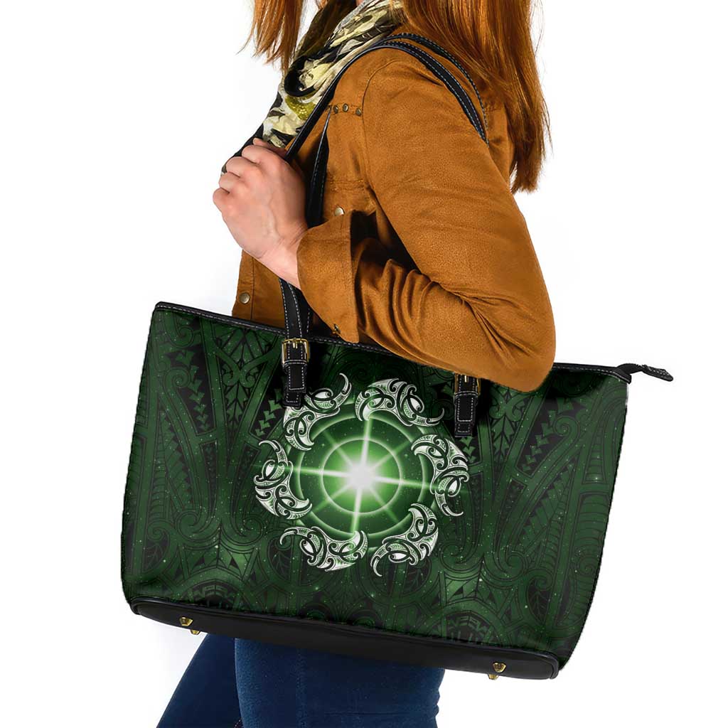New Zealand Matariki Tupuarangi Leather Tote Bag Maori Moko Green Galaxy LT05 Green - Polynesian Pride