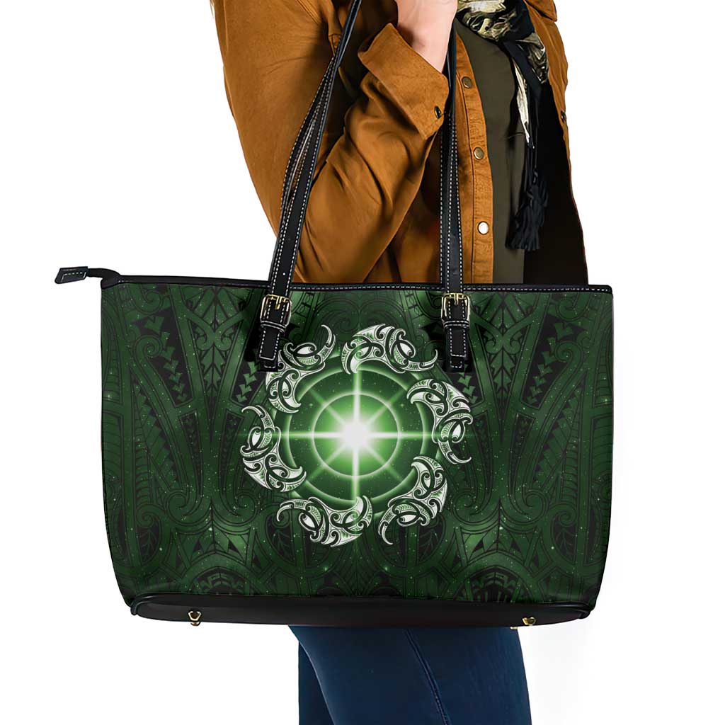 New Zealand Matariki Tupuarangi Leather Tote Bag Maori Moko Green Galaxy LT05 - Polynesian Pride