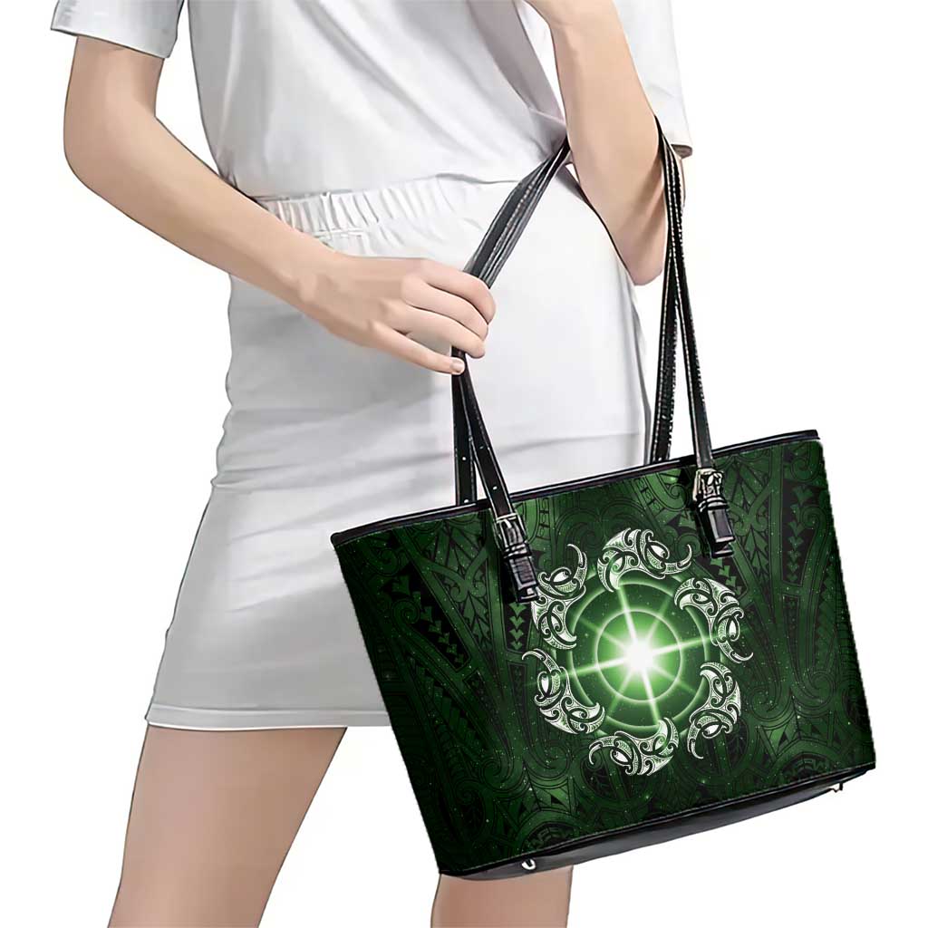 New Zealand Matariki Tupuarangi Leather Tote Bag Maori Moko Green Galaxy LT05 - Polynesian Pride