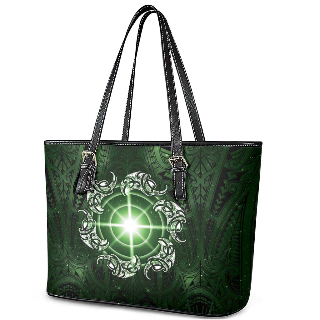New Zealand Matariki Tupuarangi Leather Tote Bag Maori Moko Green Galaxy LT05 - Polynesian Pride