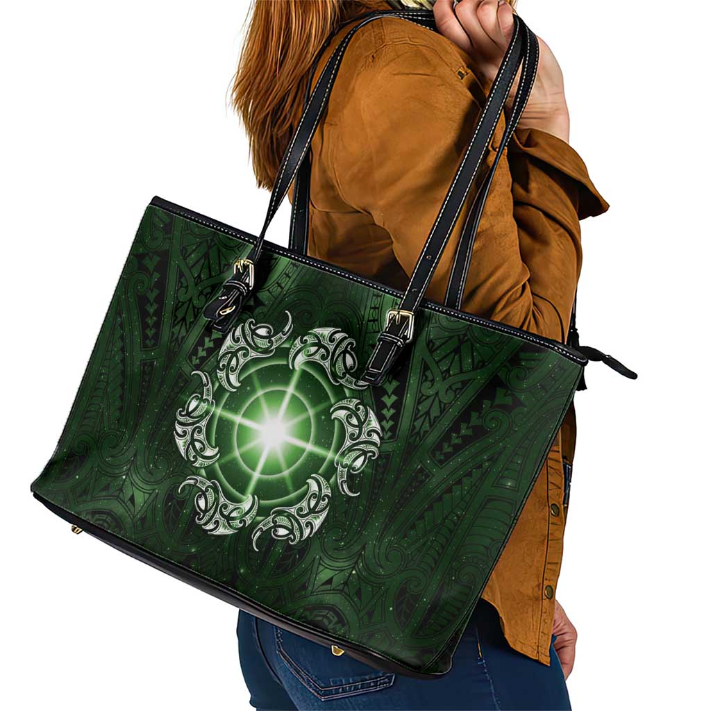 New Zealand Matariki Tupuarangi Leather Tote Bag Maori Moko Green Galaxy LT05 - Polynesian Pride