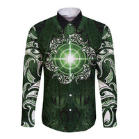 New Zealand Matariki Tupuarangi Long Sleeve Button Shirt Maori Moko Green Galaxy LT05 Unisex Green - Polynesian Pride