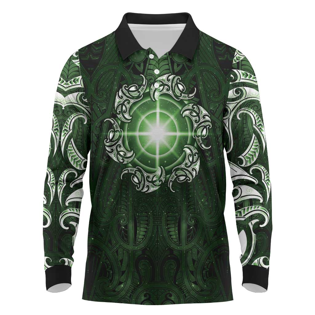New Zealand Matariki Tupuarangi Long Sleeve Polo Shirt Maori Moko Green Galaxy LT05 Green - Polynesian Pride