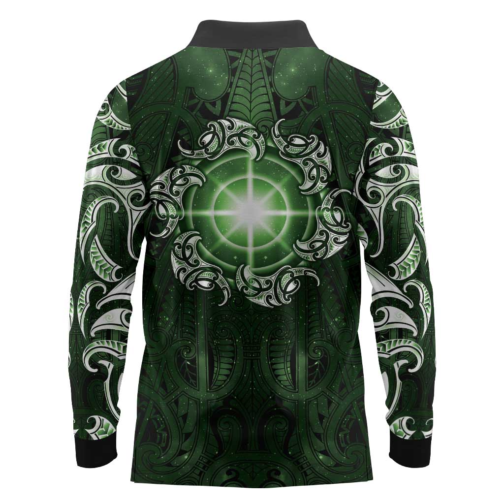New Zealand Matariki Tupuarangi Long Sleeve Polo Shirt Maori Moko Green Galaxy LT05 - Polynesian Pride
