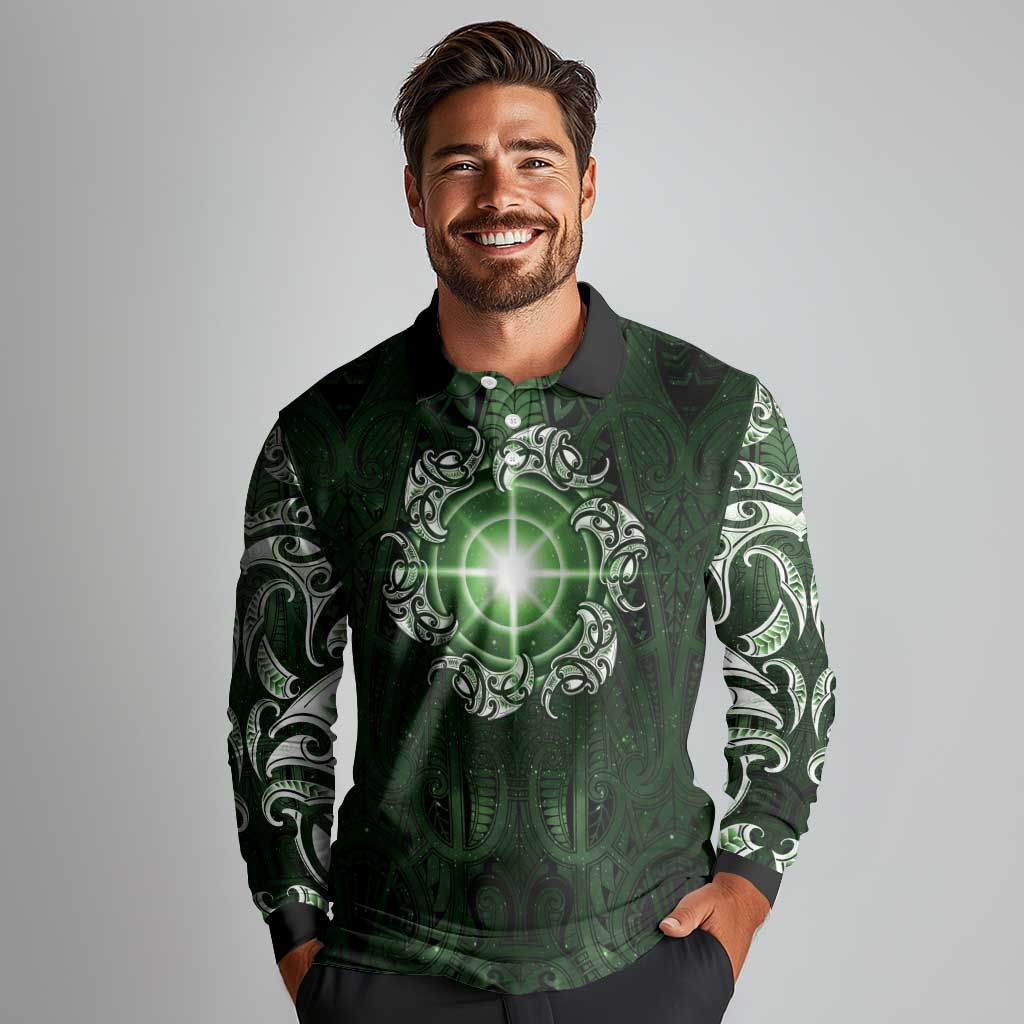 New Zealand Matariki Tupuarangi Long Sleeve Polo Shirt Maori Moko Green Galaxy LT05 - Polynesian Pride